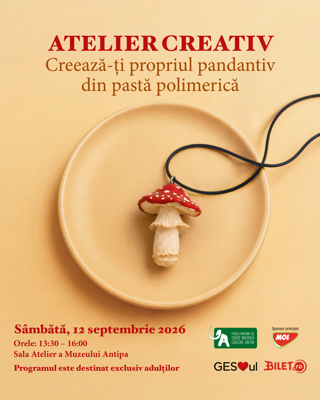 Afiș atelier creativ bijuterii pastă polimerică pentru adulți - pandantiv ciupercuță